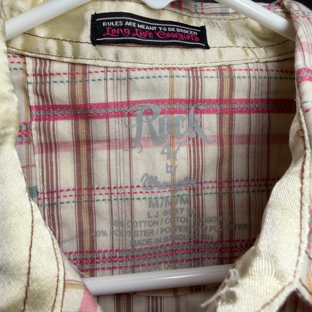 Rock 47 by Wrangler Sleeveless Shirt M Plaid Rhinestone Pearl Snap WTLH53152‎ - Picture 3 of 6